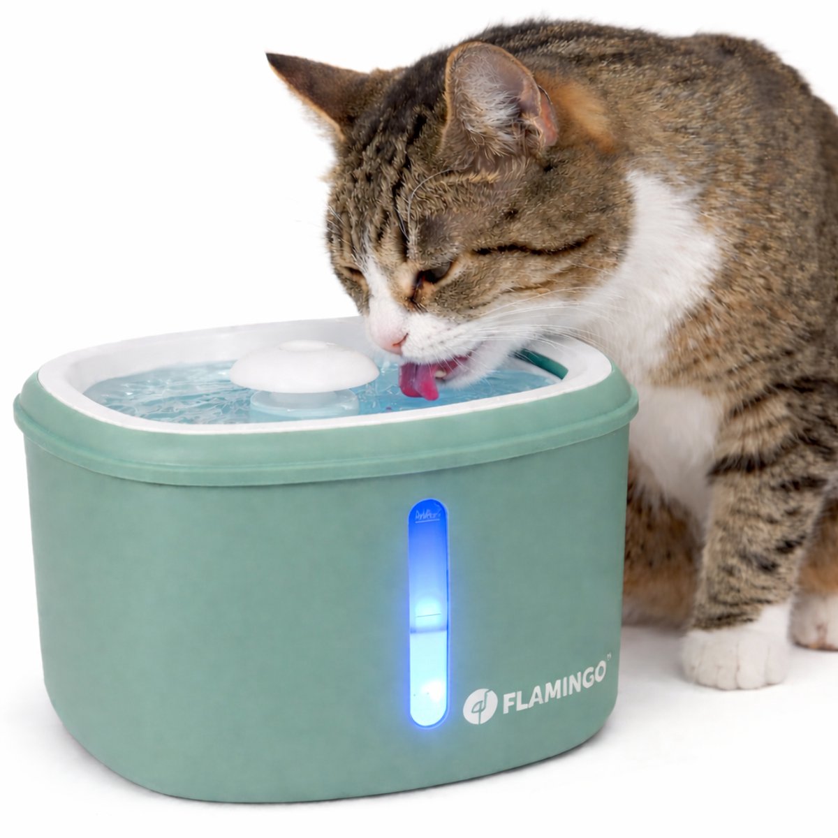 Flamingo drinkfontein kat – hond – 2,5l – groen – met koolstoffilter kunstharsfilter – stille pomp – lichtindicator – usb-kabel 150 cm – finto-0