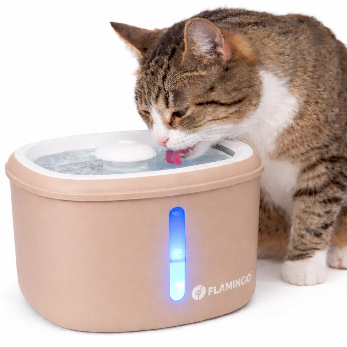 Flamingo drinkfontein kat – hond – 2,5l – beige – met koolstoffilter kunstharsfilter – stille pomp – lichtindicator – usb-kabel 150 cm – finto-0