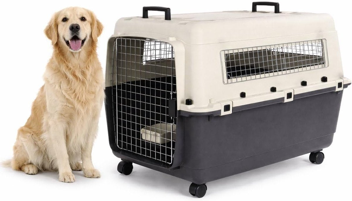 Flamingo reisbench hond – autobench – transportbox hond – fomad donkergrijs xl (60x90x68,5 cm) – kunststof – met metalen deur veiligheidsslot – inclusief eet- en drinkpot wielen –-0