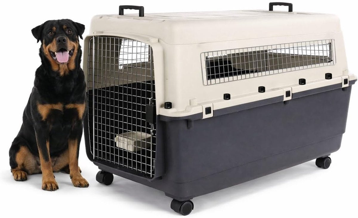 Flamingo reisbench hond – autobench – transportbox hond – fomad donkergrijs xxl (70x100x69,5 cm) – kunststof – met metalen deur veiligheidsslot – inclusief eet- en drinkpot wielen –-0