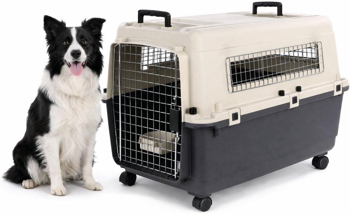 Flamingo reisbench hond – autobench – transportbox hond – fomad donkergrijs l (57x80x59,5 cm) – kunststof – met metalen deur veiligheidsslot – inclusief eet- en drinkpot wielen –-0