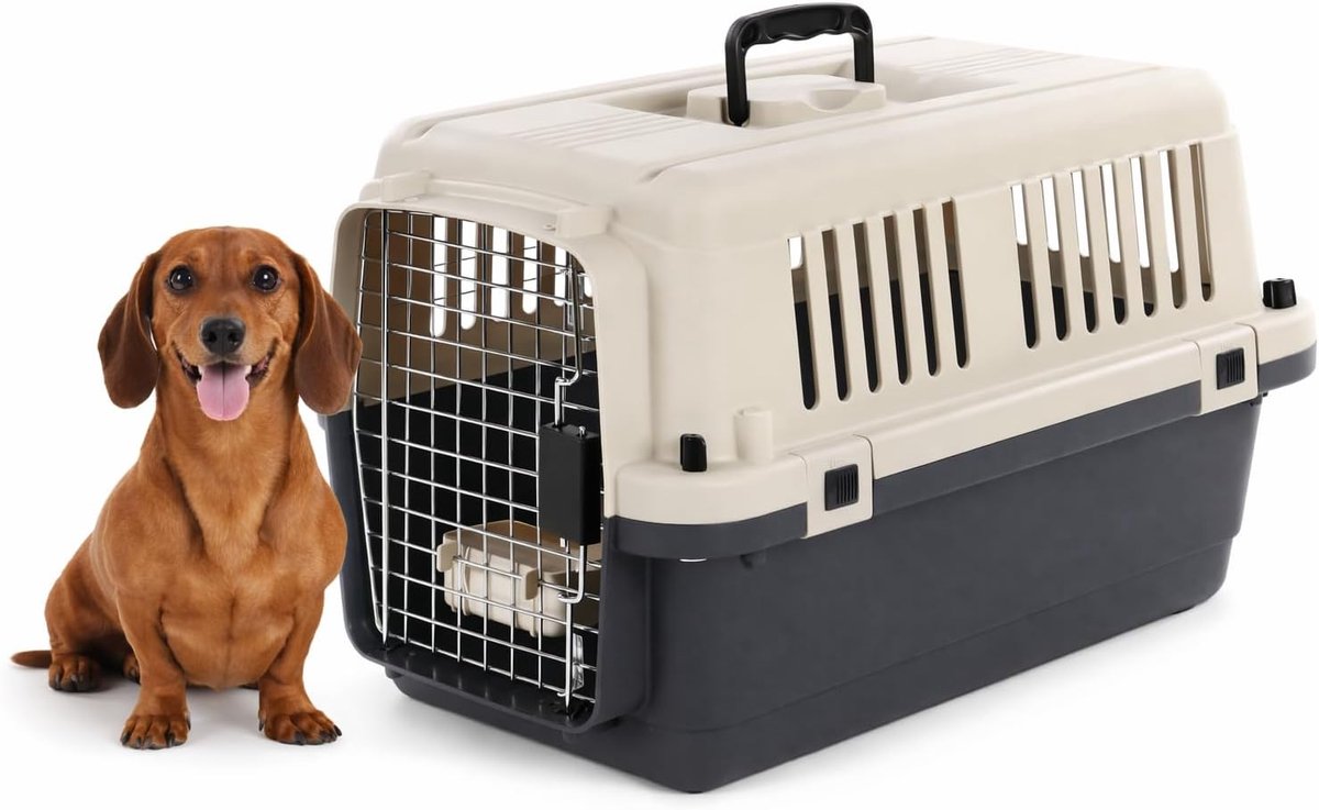 Flamingo reisbench hond – autobench – transportbox hond – fomad donkergrijs s (40x61x41 cm) – kunststof – met metalen deur veiligheidsslot – inclusief eet- en drinkpot –-0