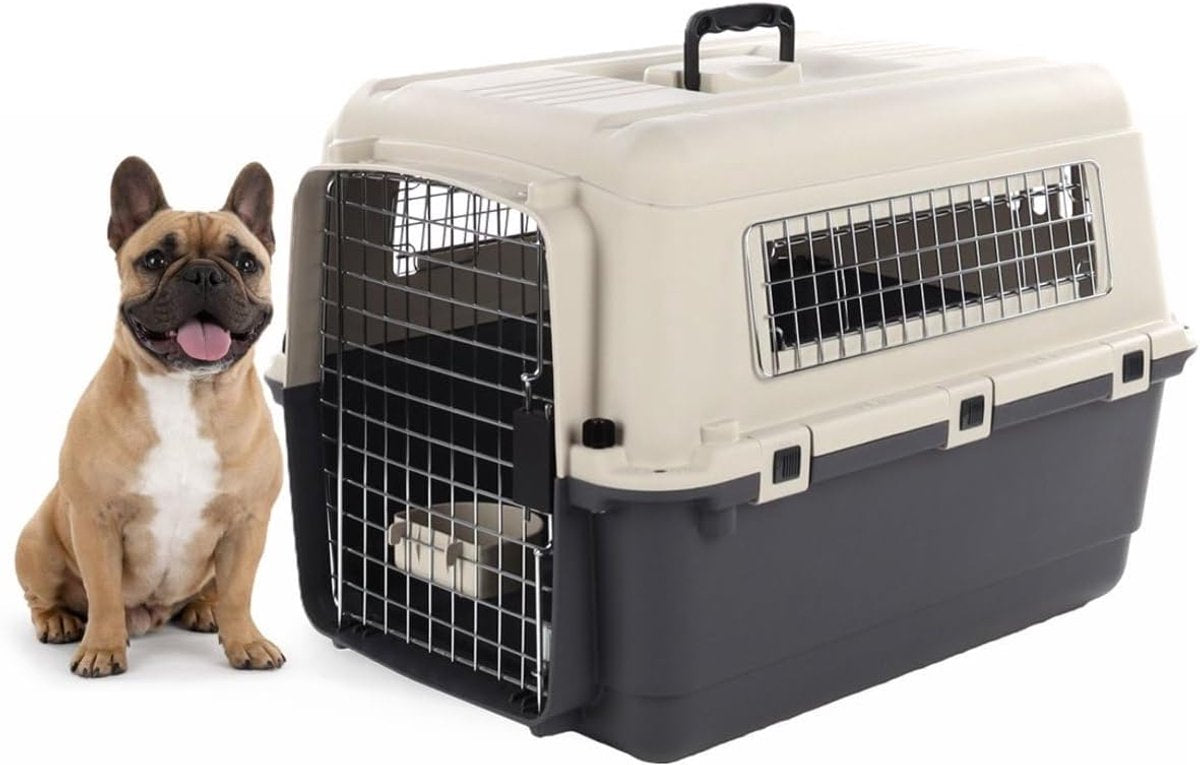 Flamingo reisbench hond – autobench – transportbox hond – fomad donkergrijs m (53x67x47 cm) – kunststof – met metalen deur veiligheidsslot – inclusief eet- en drinkpot –-0