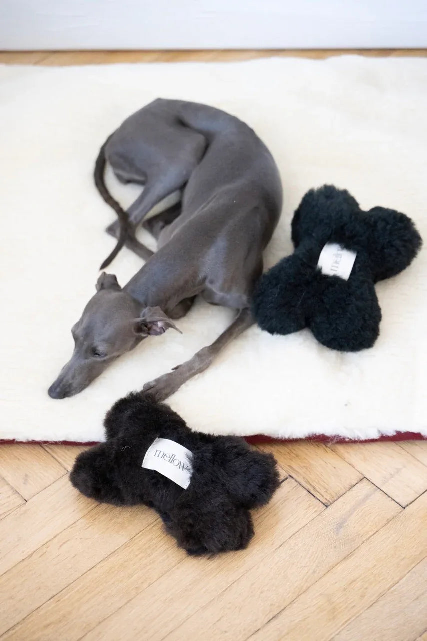 Mellow Pet Store – Schapenvacht bothondenspeeltje – zwart – S/M/L – 100% plantaardig gelooid
