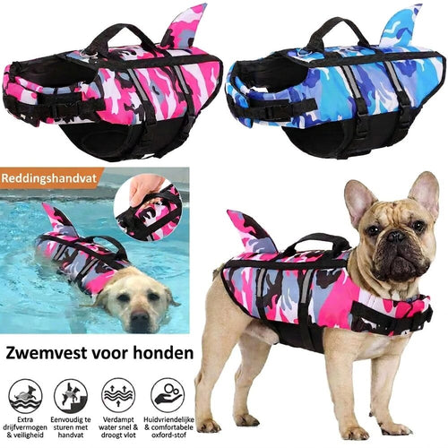 Zwemvest voor honden – haaienmodel in roze en blauw met overzicht van kenmerken