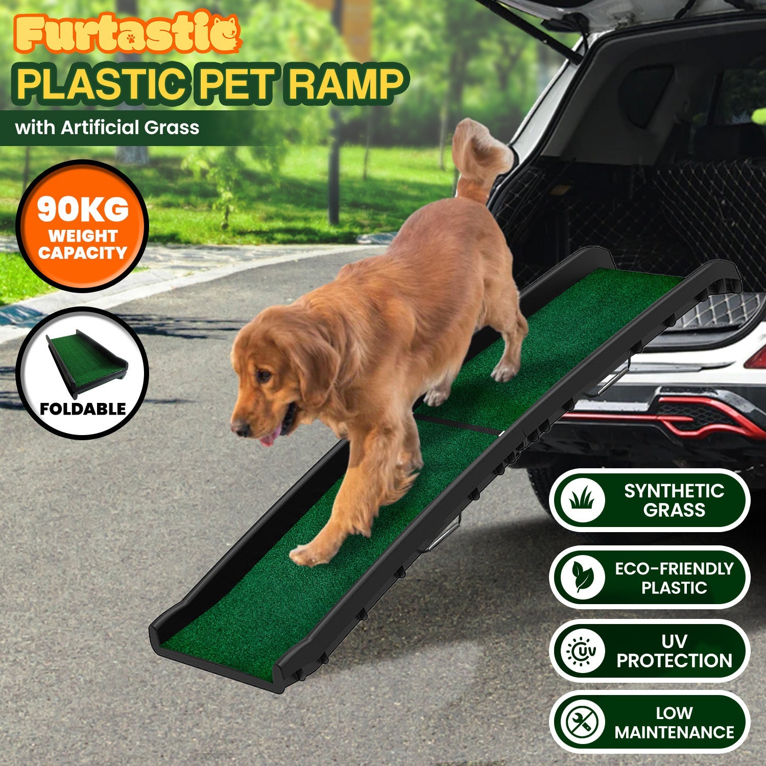 NNEDPE Foldable Plastic Dog Ramp with Synthetic Grass-0