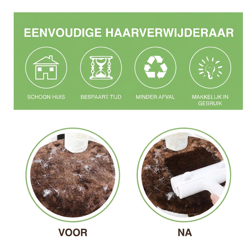 Herbruikbare haarverwijderaar-roller – voor- en naresultaat op tapijt met huisdierharen